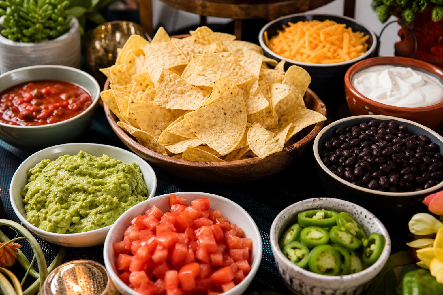 DIY loaded nacho bar with tortilla chips cheese salsa guacamole and assorted toppings on a party table