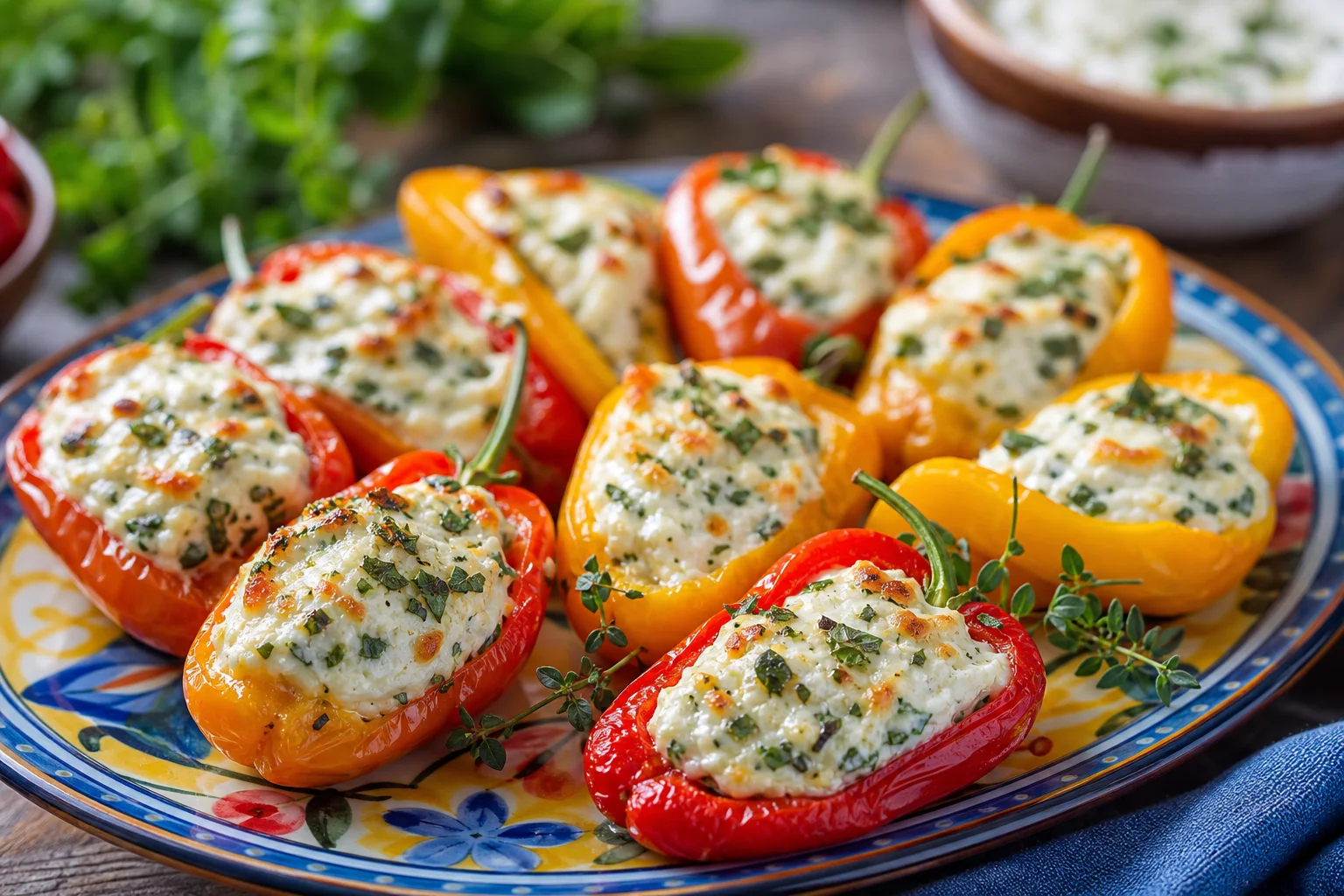 Stuffed mini bell peppers filled with cream cheese feta and herbs on a colorful party platter