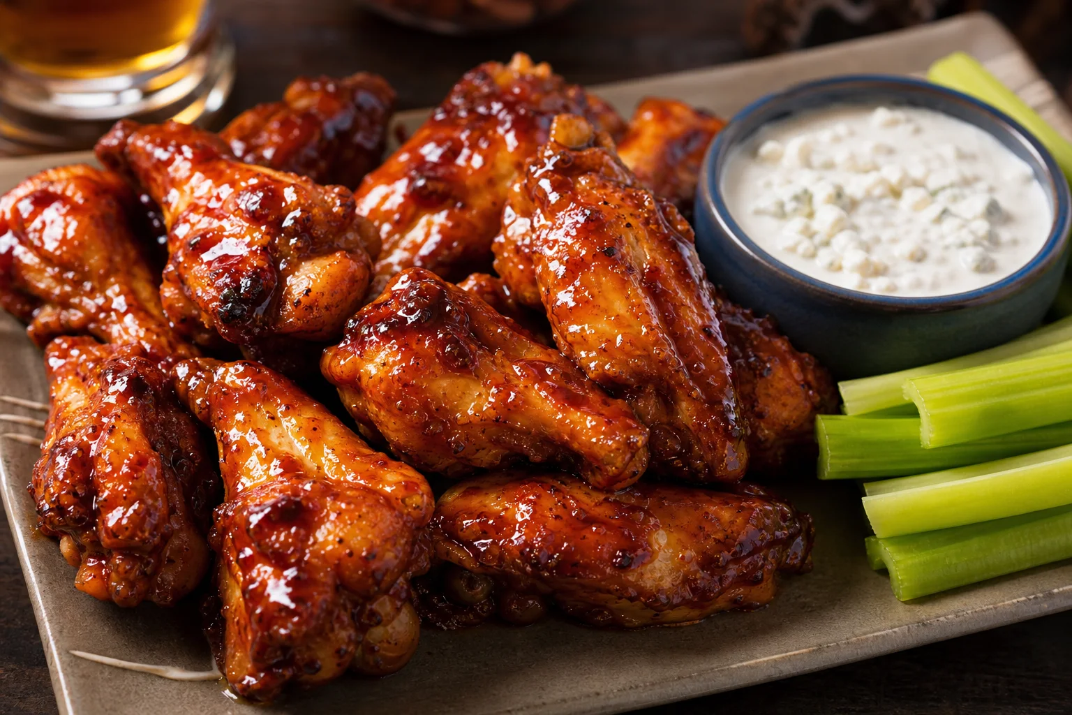 Sweet and spicy glazed chicken wings on a serving platter with blue cheese dressing on the side
