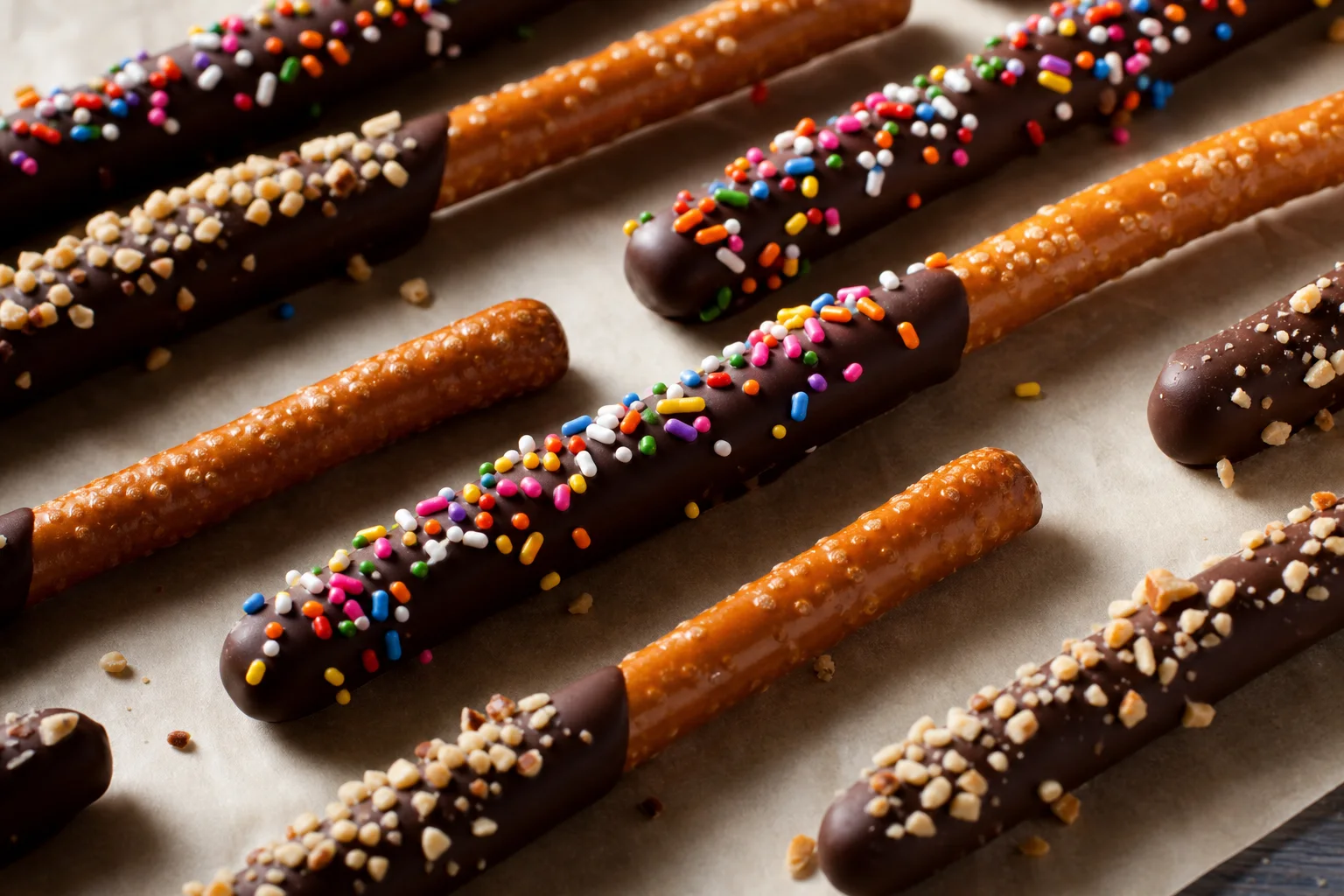 Chocolate dipped pretzel rods with sprinkles and crushed nuts on parchment paper