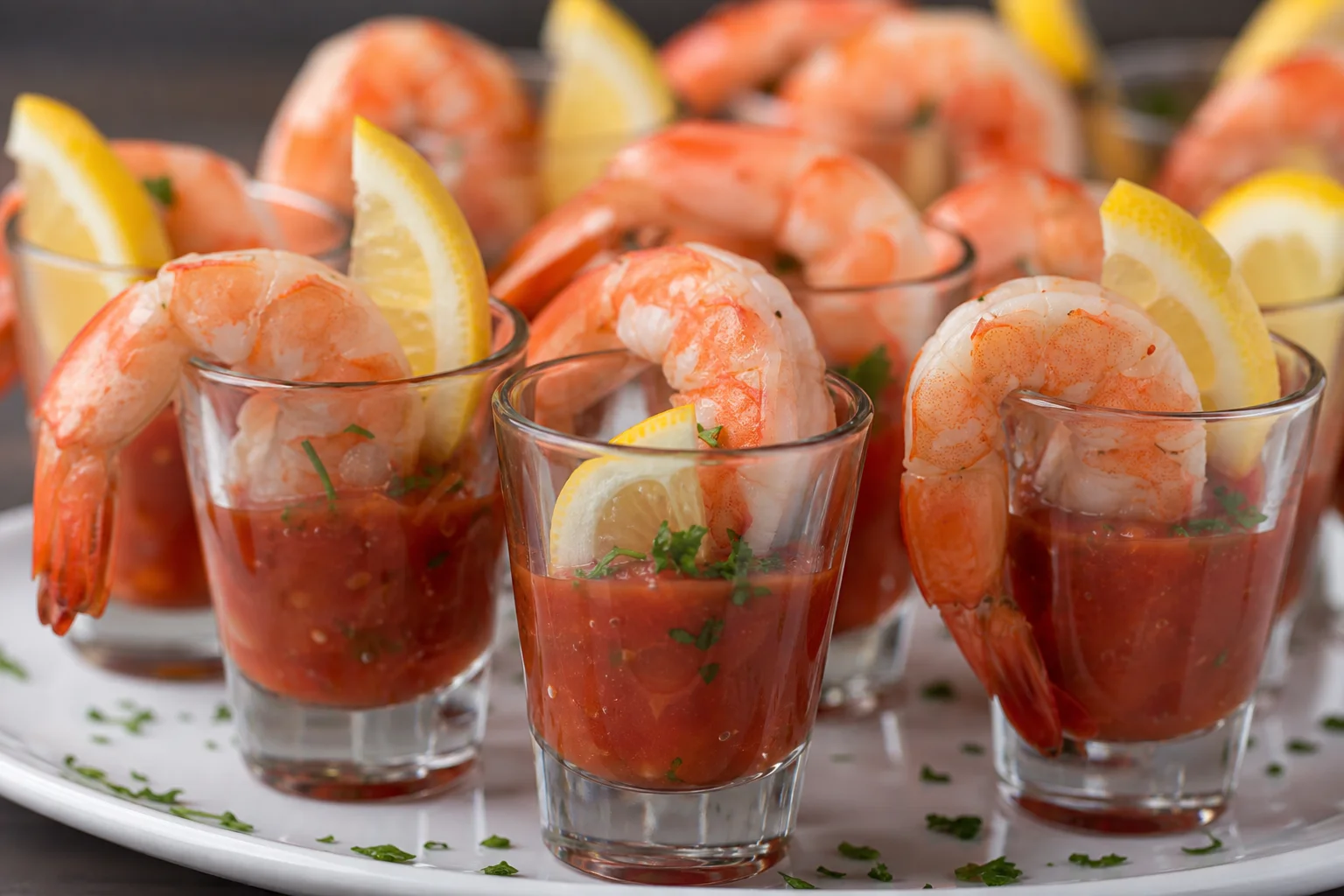 Elegant shrimp cocktail shooters in small glasses with cocktail sauce and lemon garnish