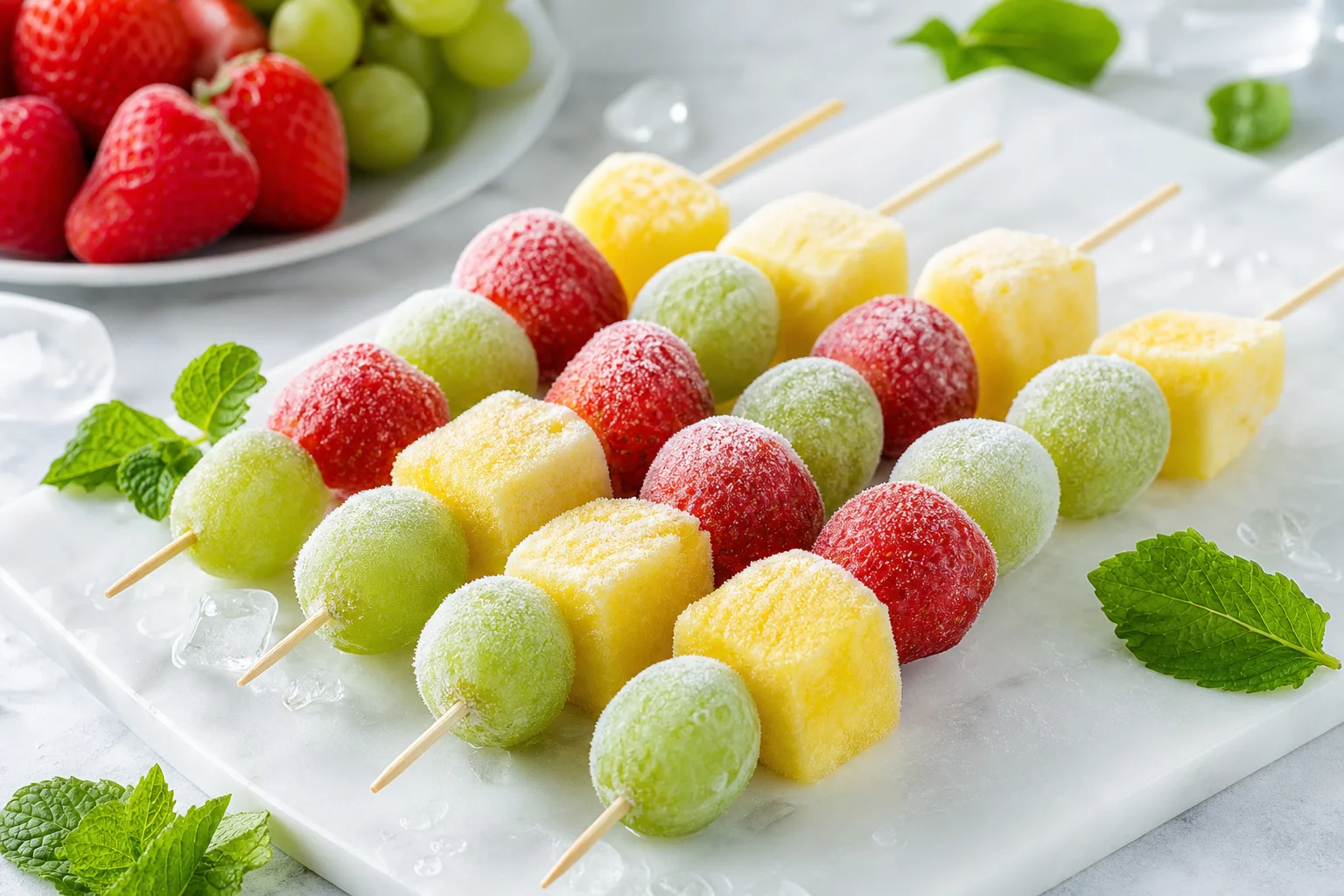 Frozen fruit skewers with pineapple strawberries and grapes on a chilled summer party platter