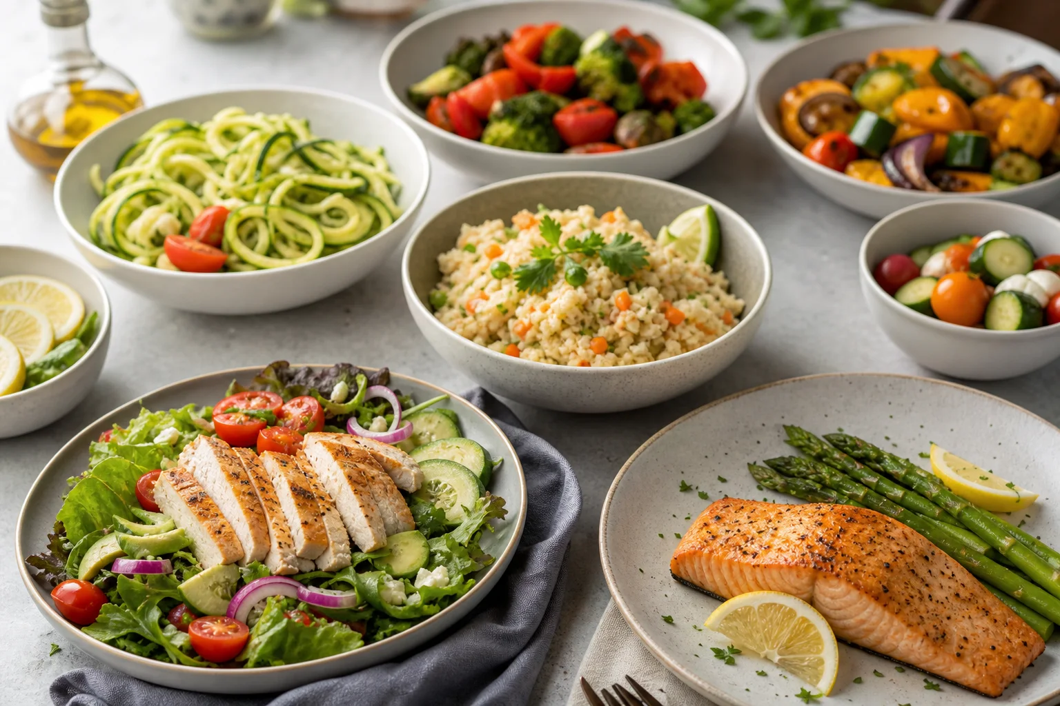 Healthy low calorie dinner spread with grilled salmon salad zucchini noodles and colorful vegetable bowls on a table