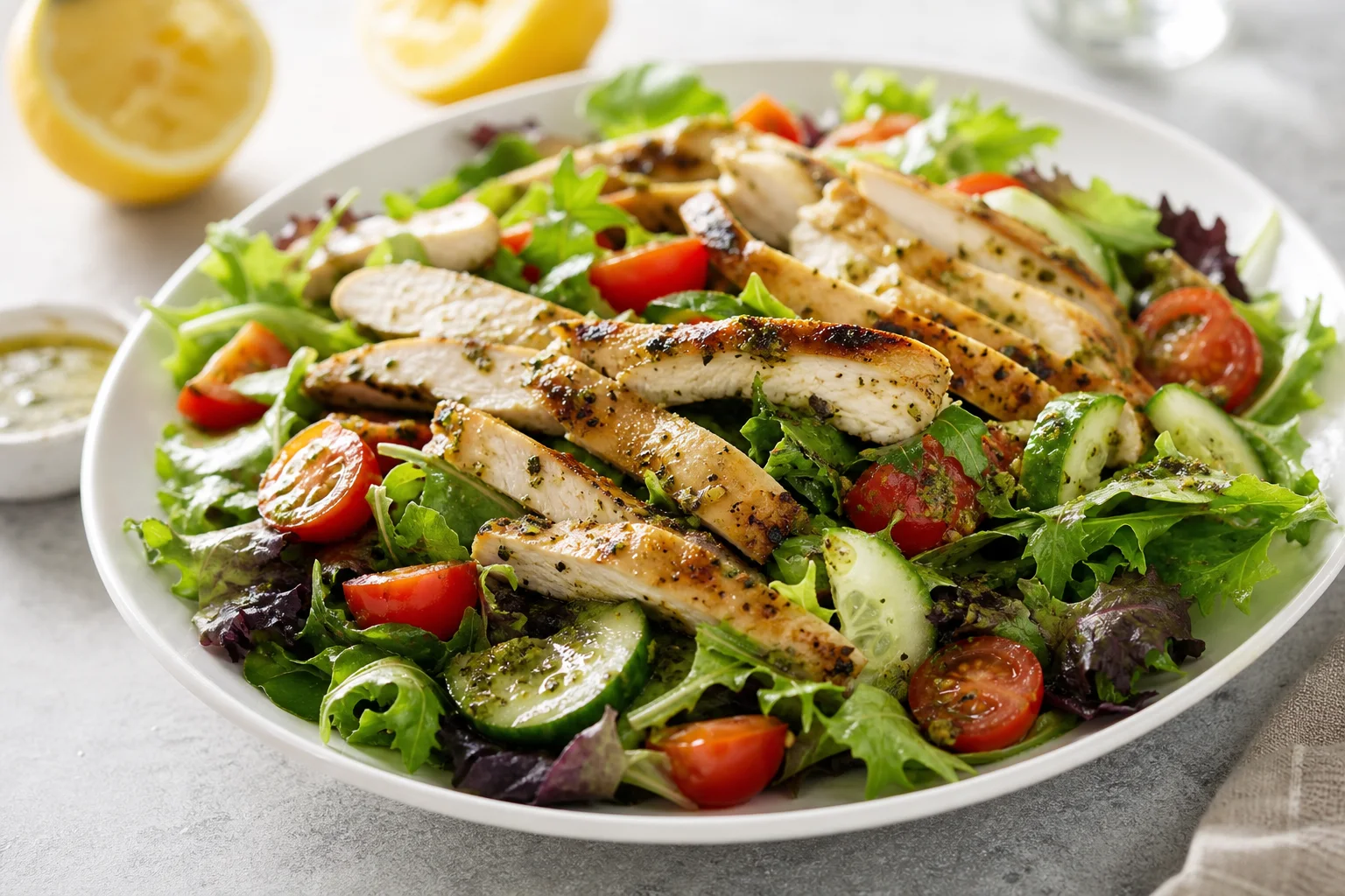 Grilled lemon herb chicken salad with mixed greens cherry tomatoes and zesty dressing on a white plate