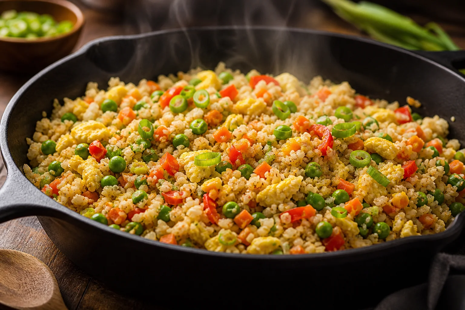 Cauliflower fried rice with colorful vegetables peas carrots and scrambled egg in a skillet