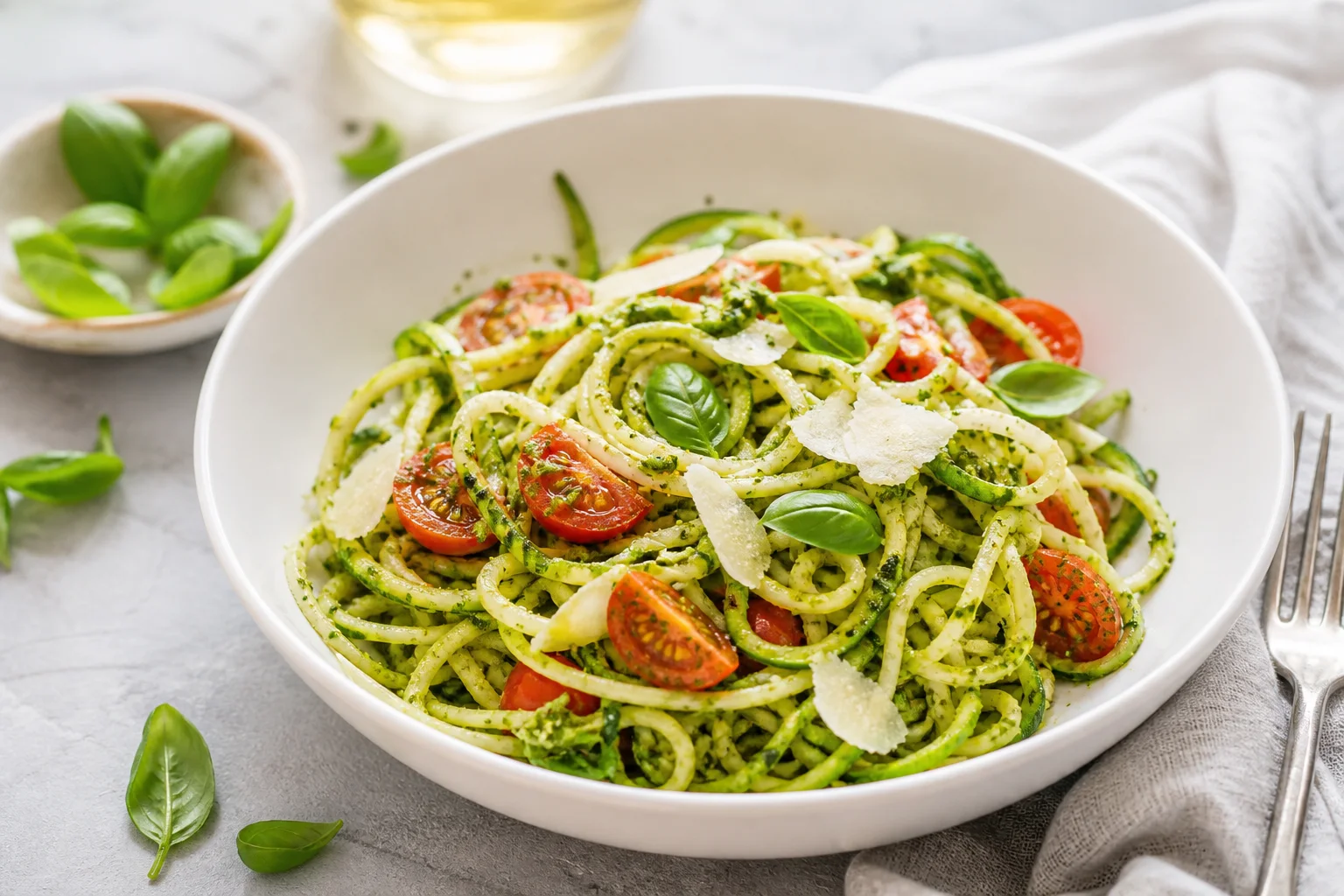 Zucchini noodles tossed with fresh basil pesto cherry tomatoes and parmesan in a bowl
