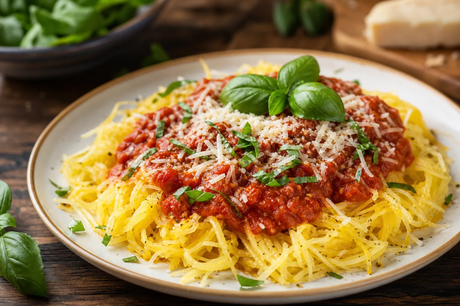 Roasted spaghetti squash strands topped with marinara sauce and fresh basil on a plate