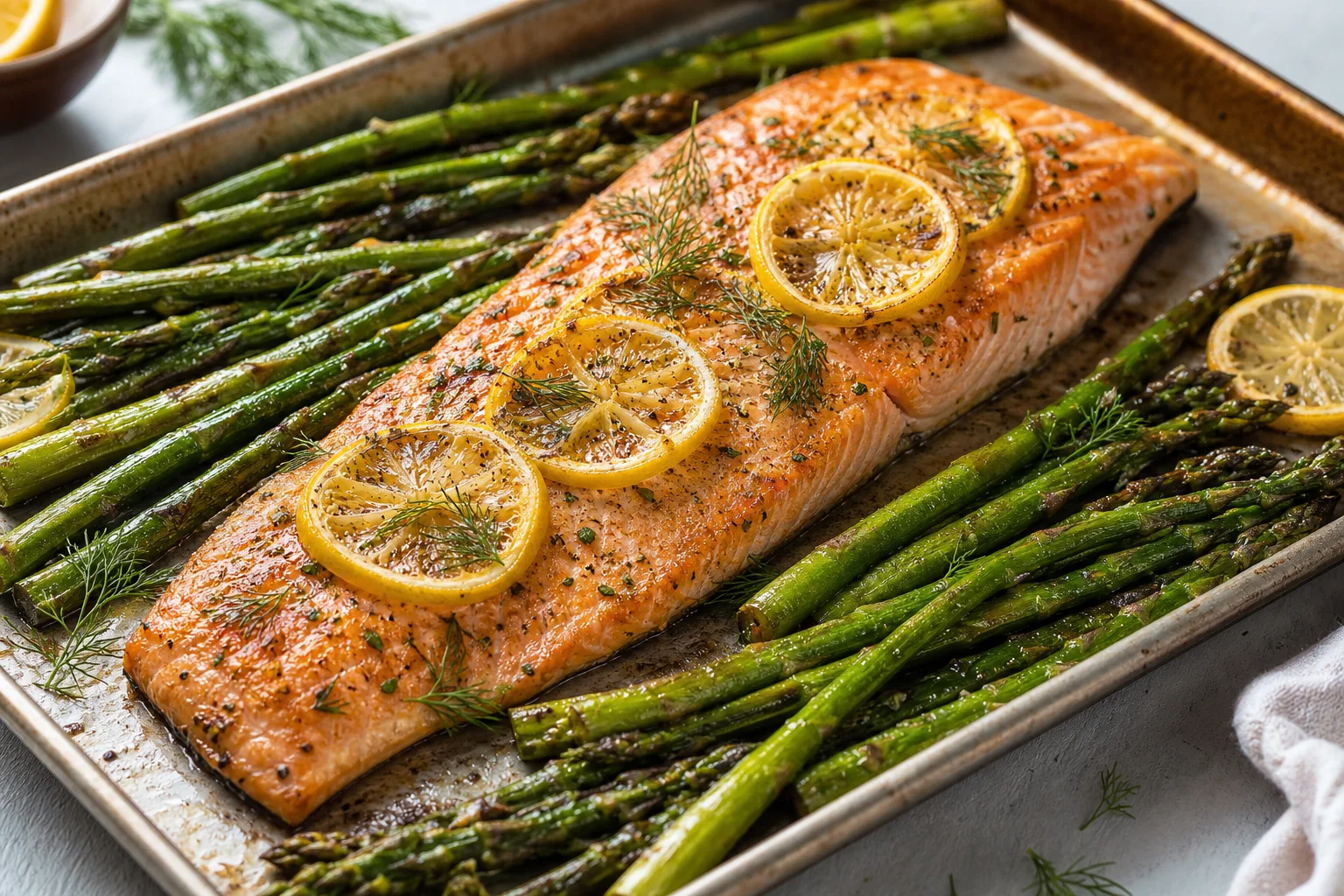 Baked salmon fillet with lemon garlic and roasted asparagus spears on a sheet pan