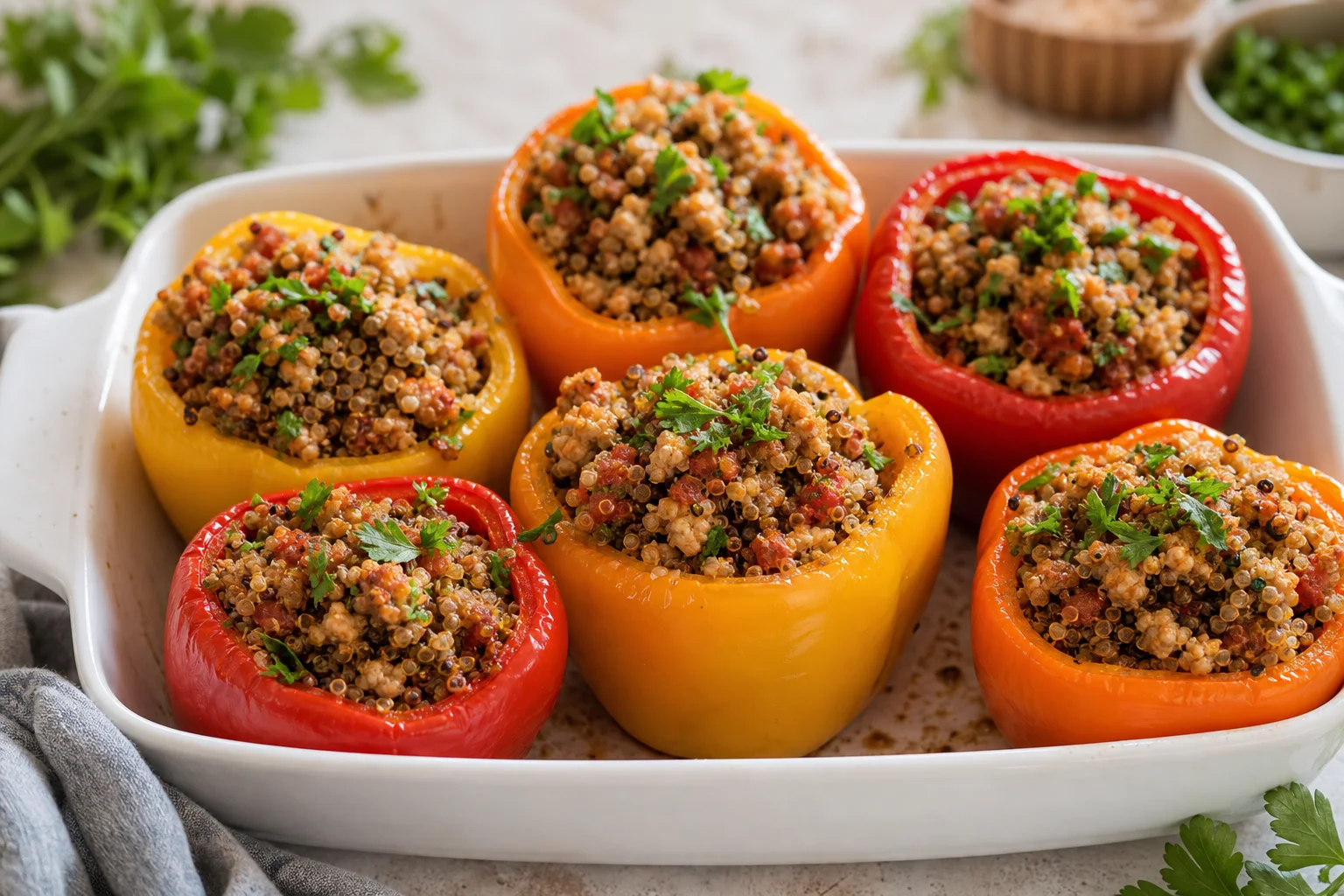 Colorful stuffed bell peppers filled with ground turkey quinoa tomatoes and herbs in a baking dish