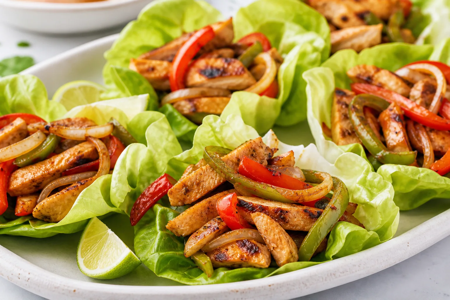 Chicken fajita lettuce wraps with grilled peppers onions and lime on a serving platter