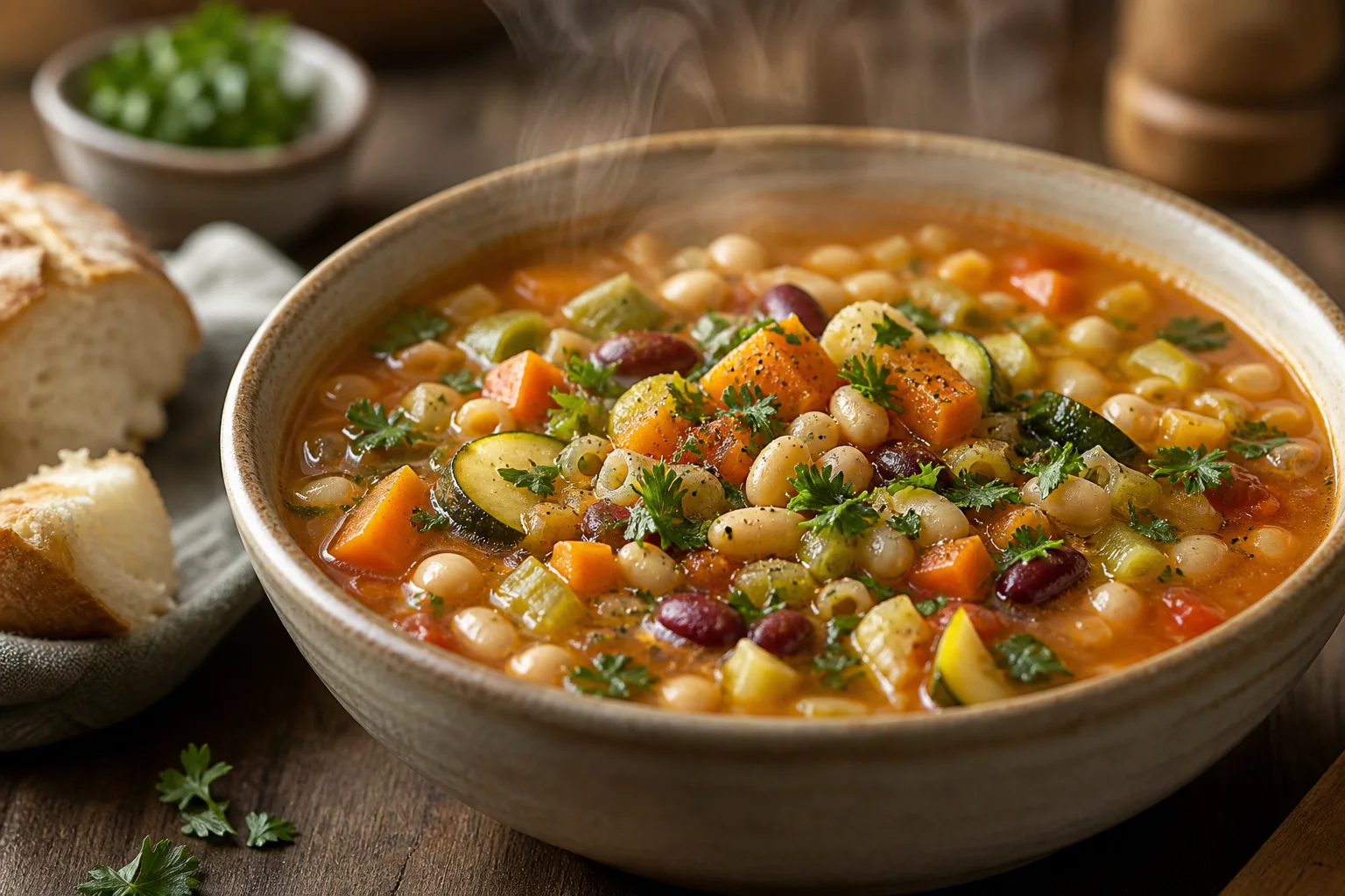 Hearty minestrone soup with seasonal vegetables beans and herbs in a rustic bowl