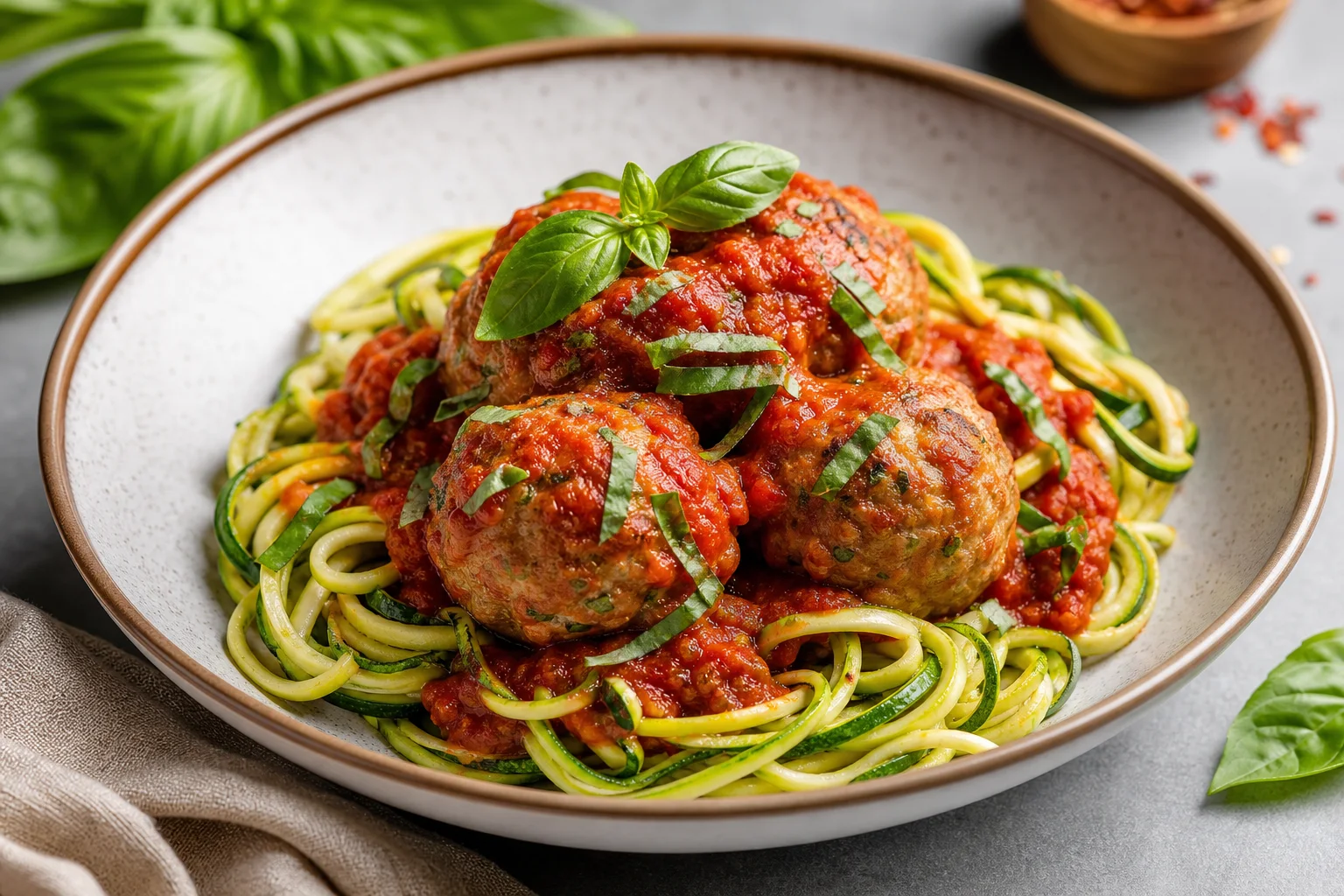 Baked turkey meatballs served over zucchini noodles with marinara sauce and fresh basil
