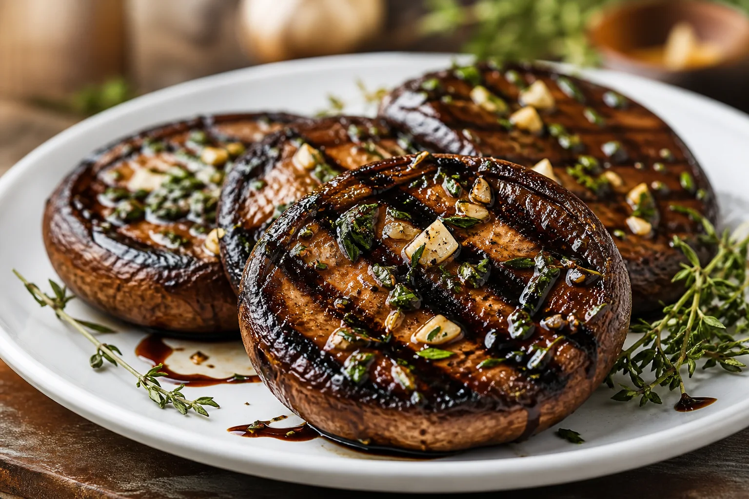 Grilled portobello mushroom caps marinated in balsamic garlic and herbs on a plate