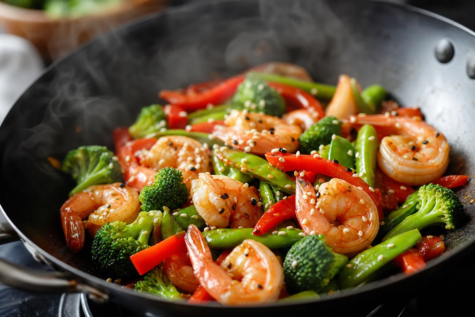Colorful shrimp stir-fry with bell peppers broccoli and snap peas in a wok