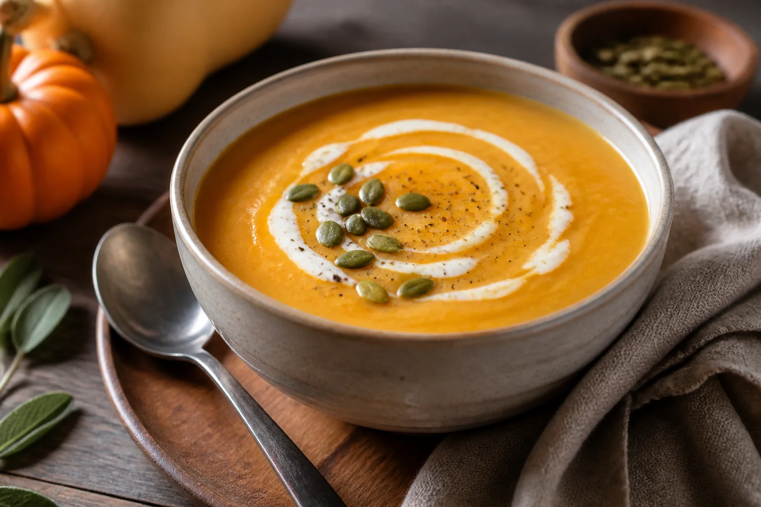 Creamy dairy-free butternut squash soup garnished with pumpkin seeds in a bowl