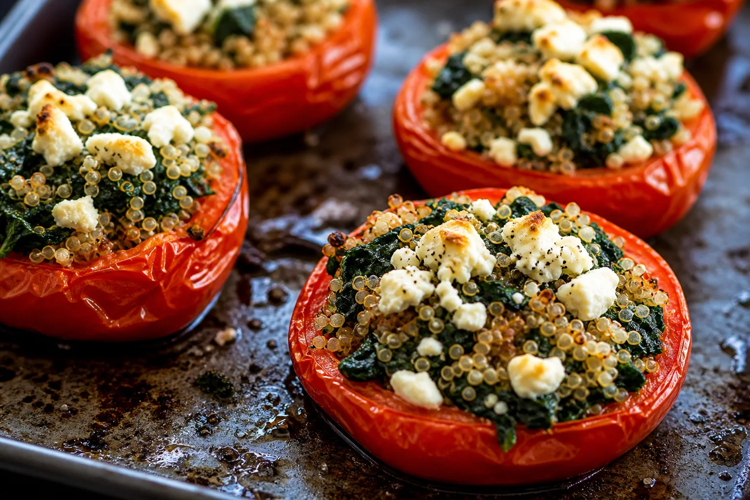Baked tomatoes stuffed with quinoa spinach and feta cheese on a baking sheet