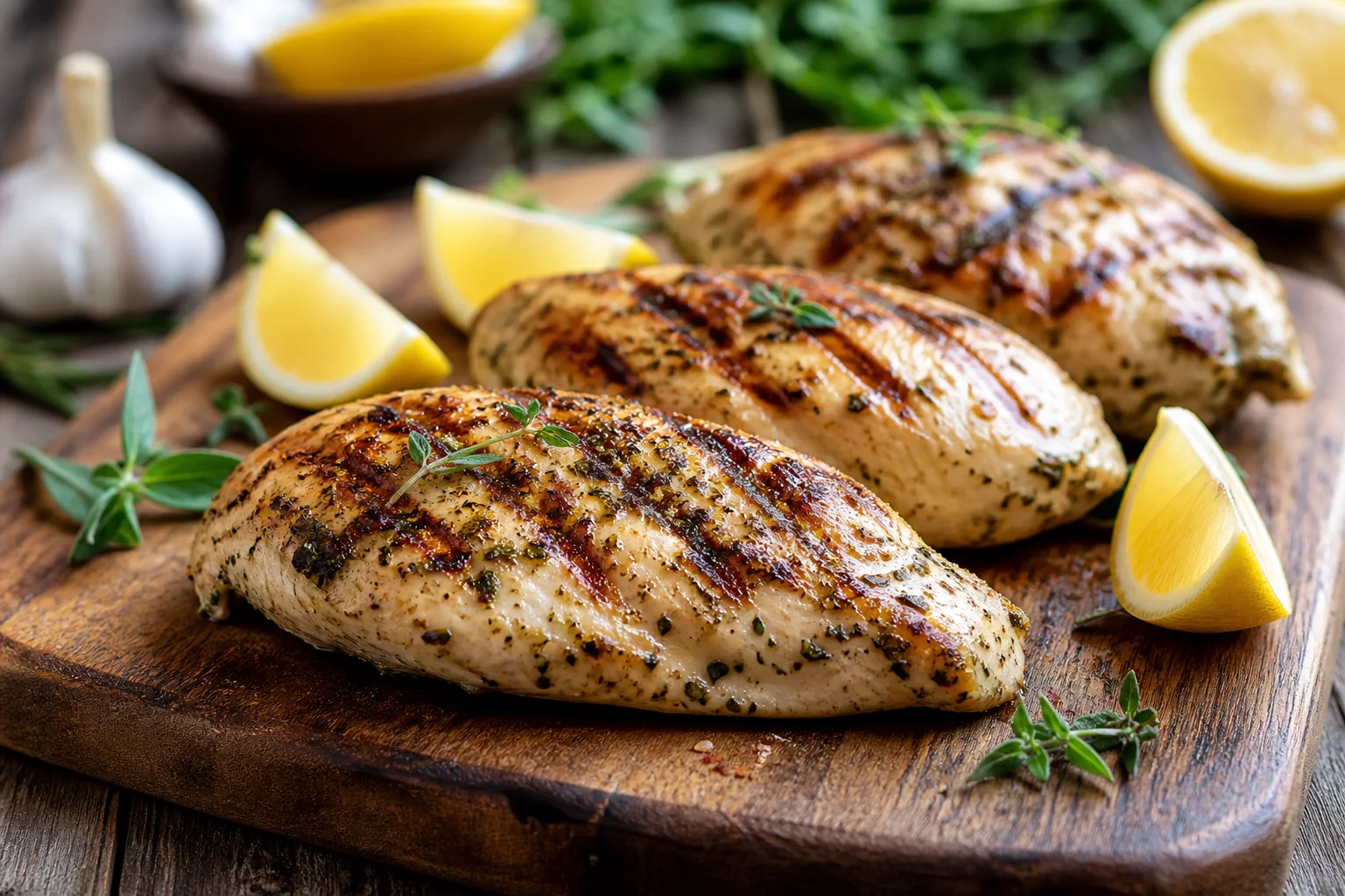 Grilled chicken breasts marinated in Greek yogurt lemon garlic and herbs on a cutting board