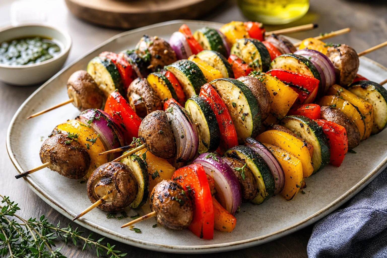 Grilled vegetable skewers with zucchini bell peppers mushrooms and onions on a platter