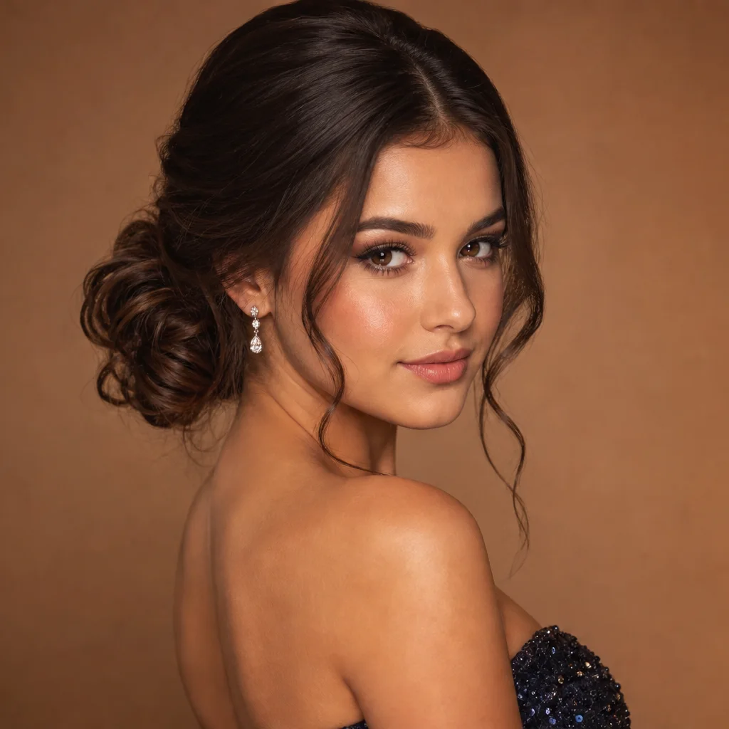 Classic chignon prom updo on long brunette hair with soft face-framing strands and formal gown
