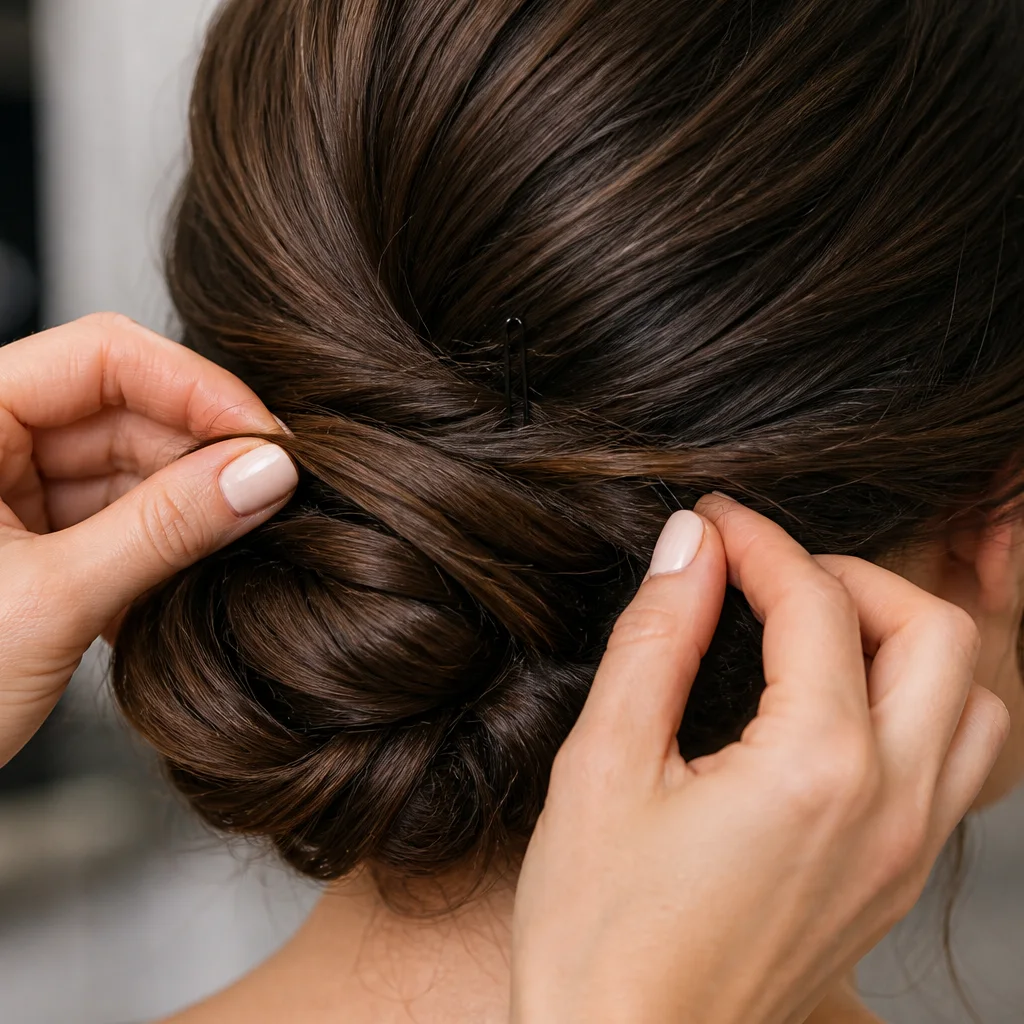 Hands twisting long hair into a low chignon bun at the nape for a prom updo tutorial