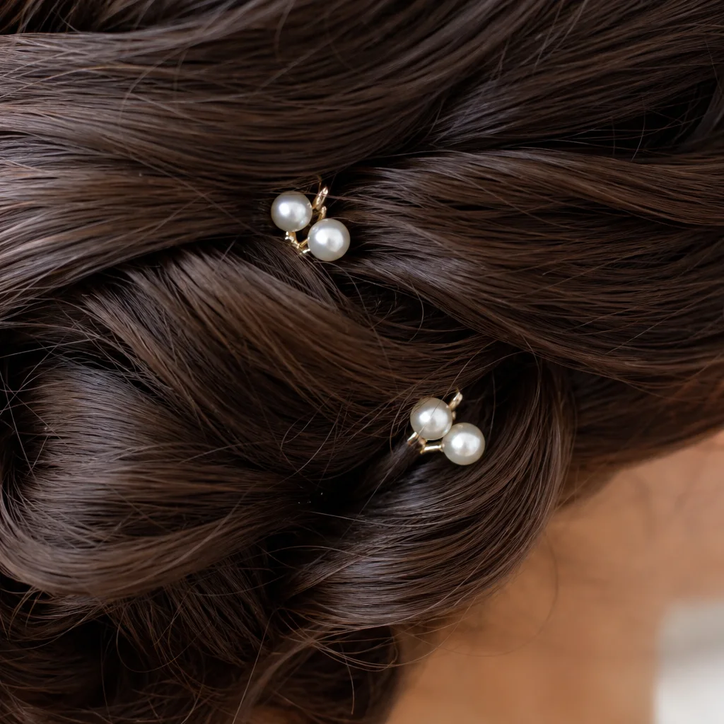 Close-up detail of pearl hairpins securing a classic chignon prom updo