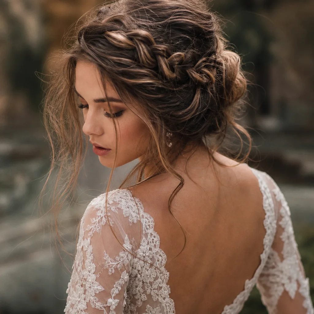 Messy braided prom updo with loose boho texture and soft waves on medium-length hair