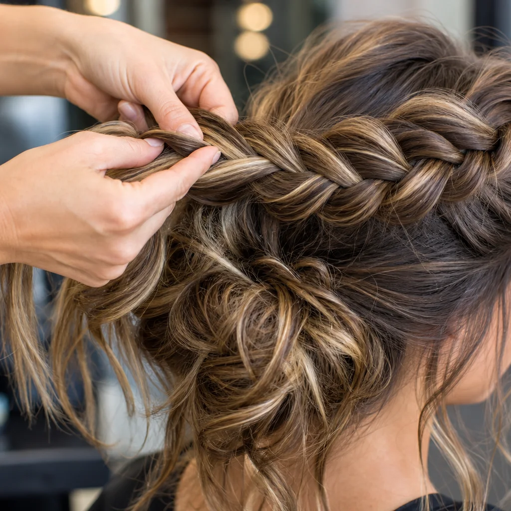 Hands braiding sections of hair for a messy boho prom updo tutorial
