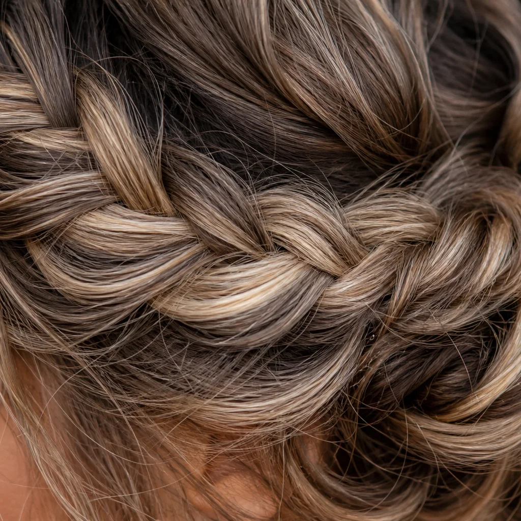 Close-up of pancaked braid texture in a messy braided prom updo with wispy tendrils