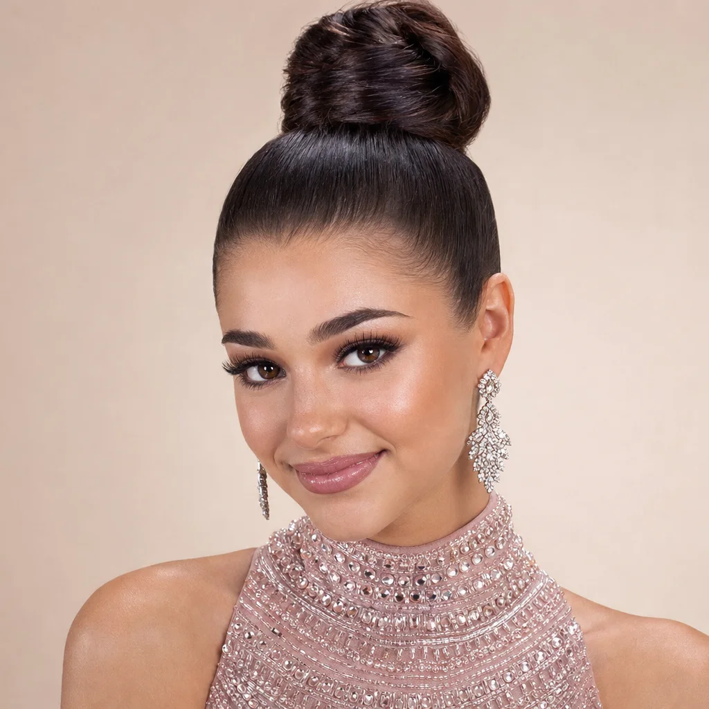 Sleek high bun prom updo with glossy smooth hair and formal glam makeup