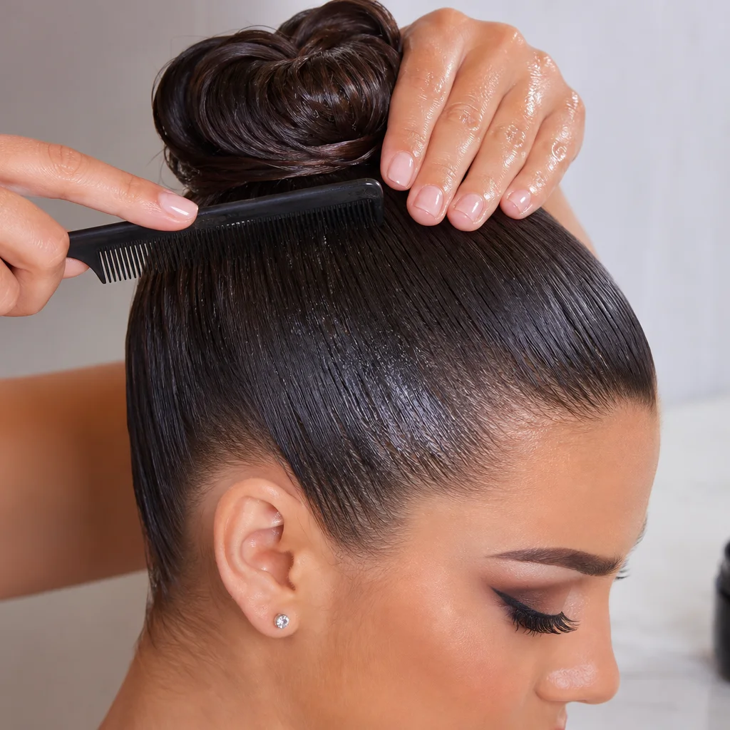 Hands smoothing hair into a sleek high bun at the crown for a prom updo