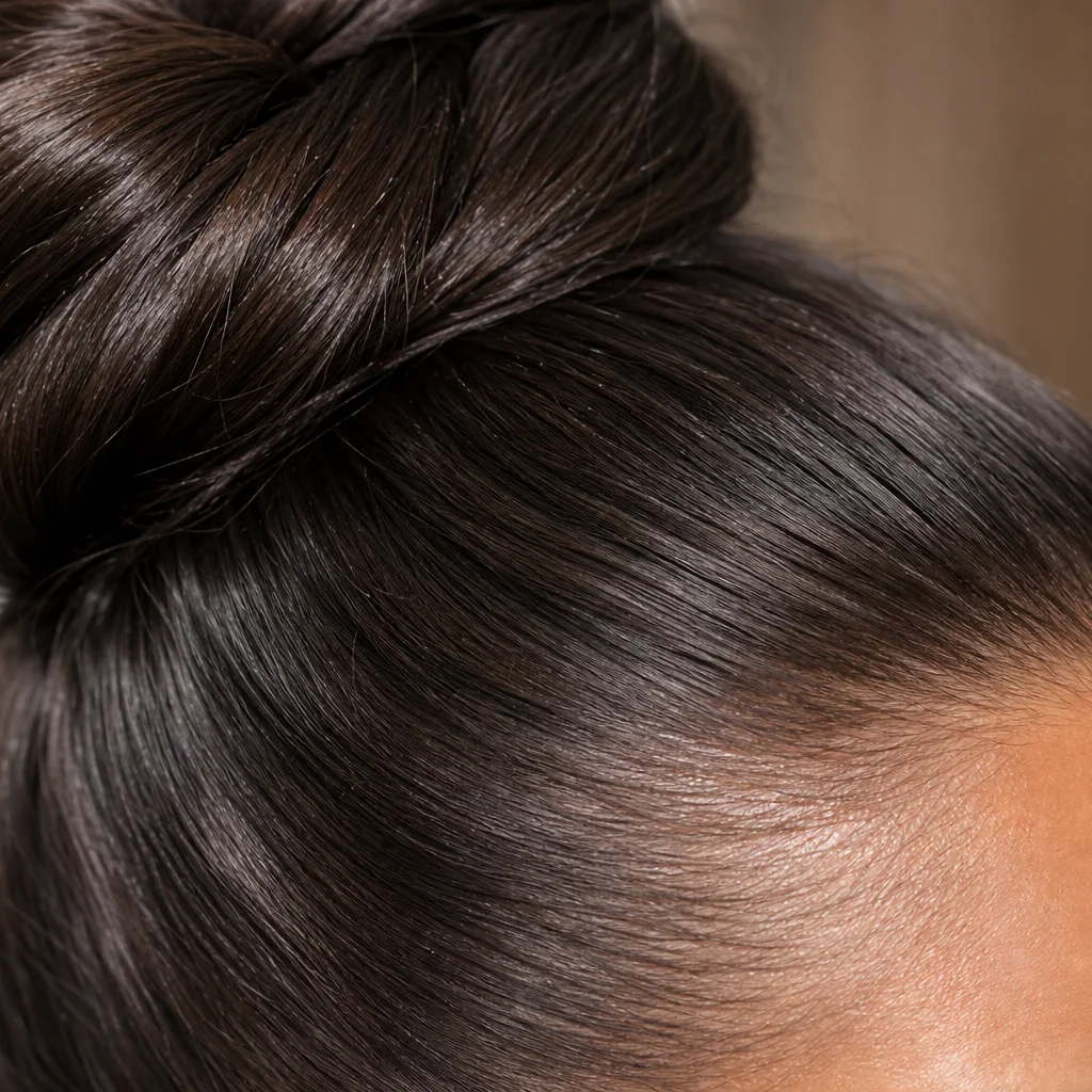 Close-up of glossy sleek high bun texture and smooth hairline on a prom updo