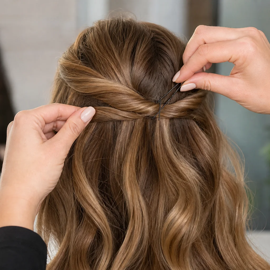 Hands twisting side sections and pinning at the back for a half-up prom hairstyle