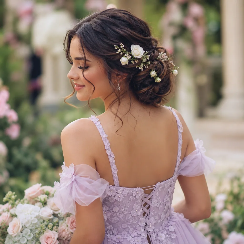 Curled low bun prom updo with small white flowers and soft romantic curls