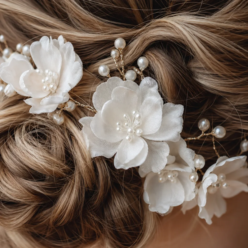 Close-up of white silk flowers and pearl pins in a curled low bun prom updo