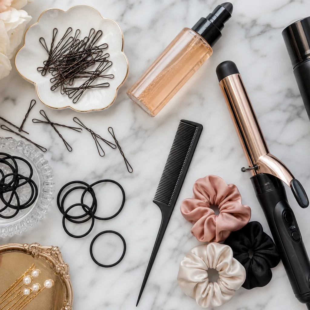 Prom hair styling prep flat lay with bobby pins curling iron hairspray and fine-tooth comb