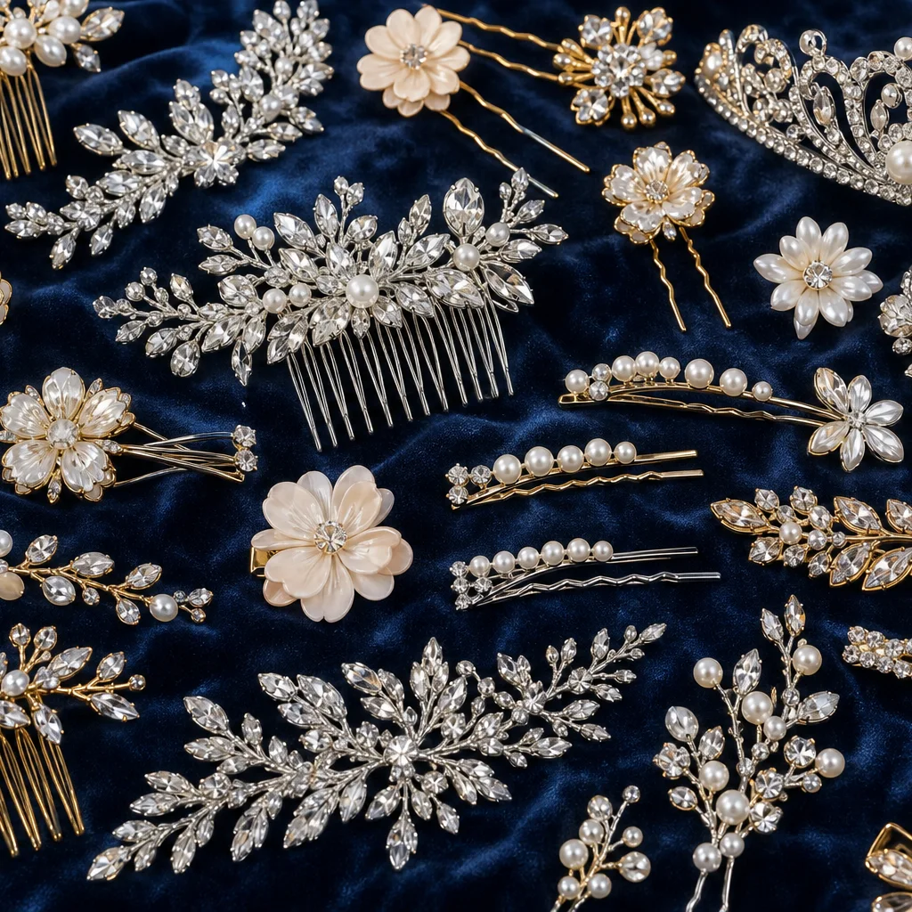 Prom hair accessories including pearl pins crystal combs and floral clips on a vanity