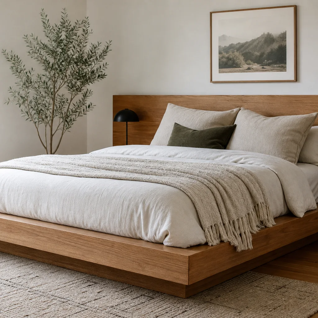 Finished DIY platform bed with white bedding in a bright modern bedroom with plants and soft natural light