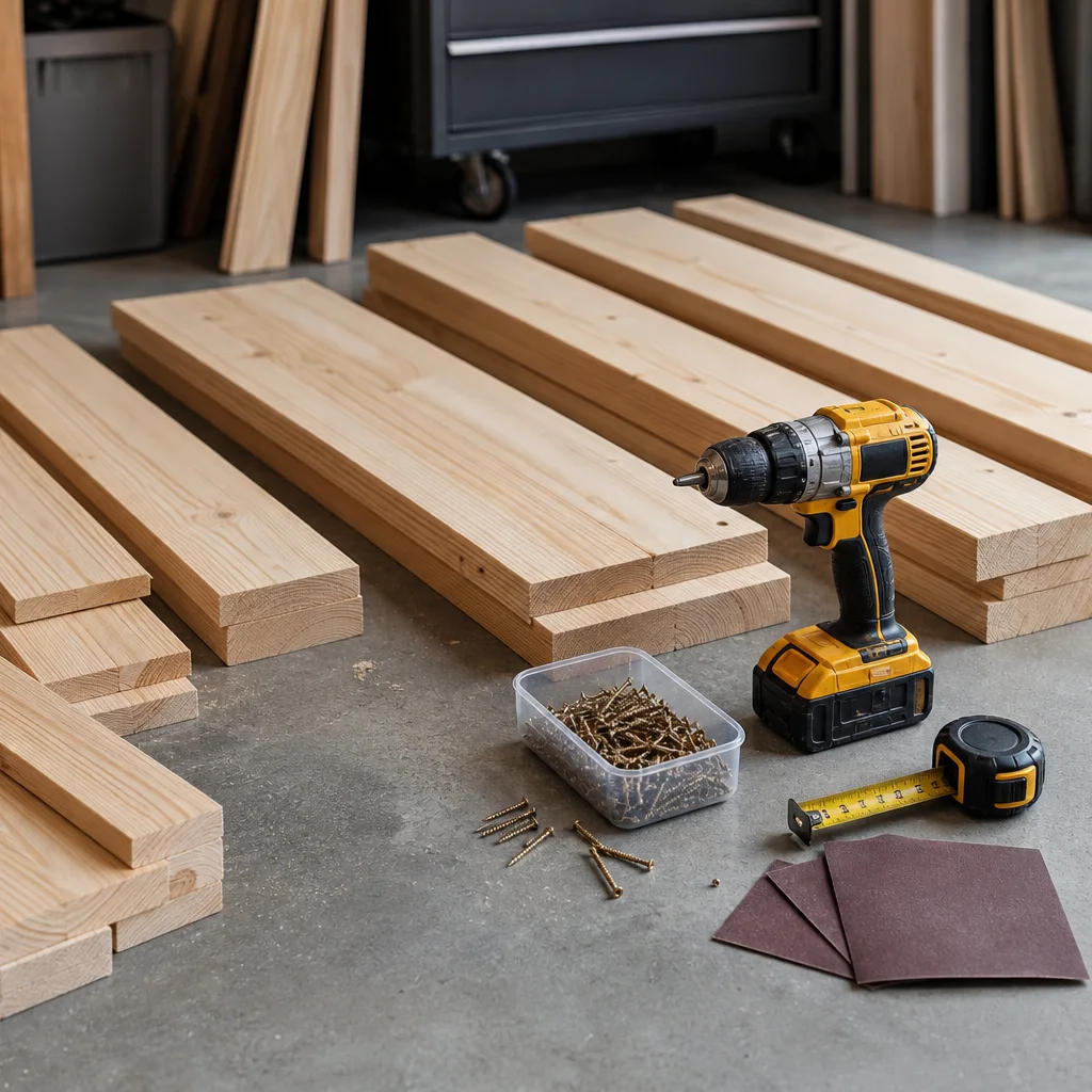 DIY platform bed materials including lumber boards wood screws drill measuring tape and sandpaper on a workshop floor