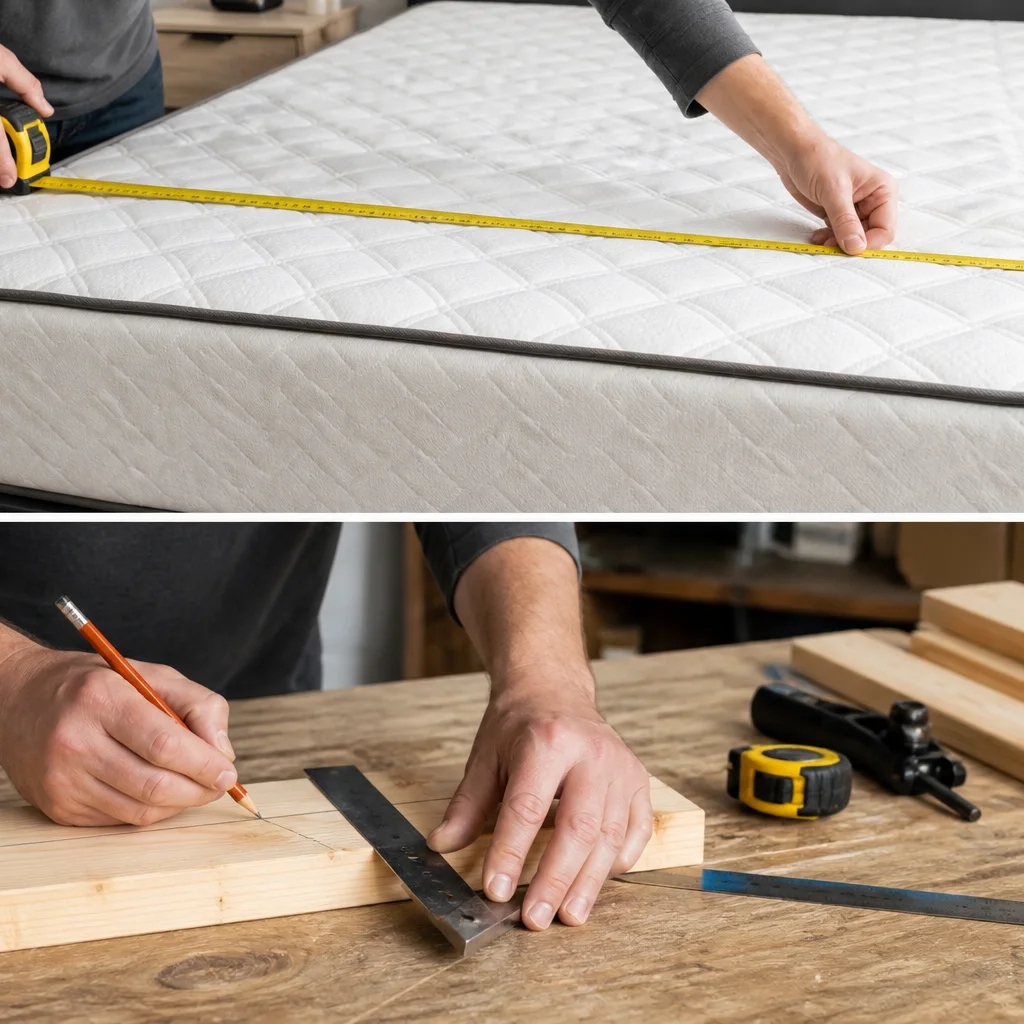 Hands measuring a queen mattress with tape measure and marking lumber cuts on a workbench