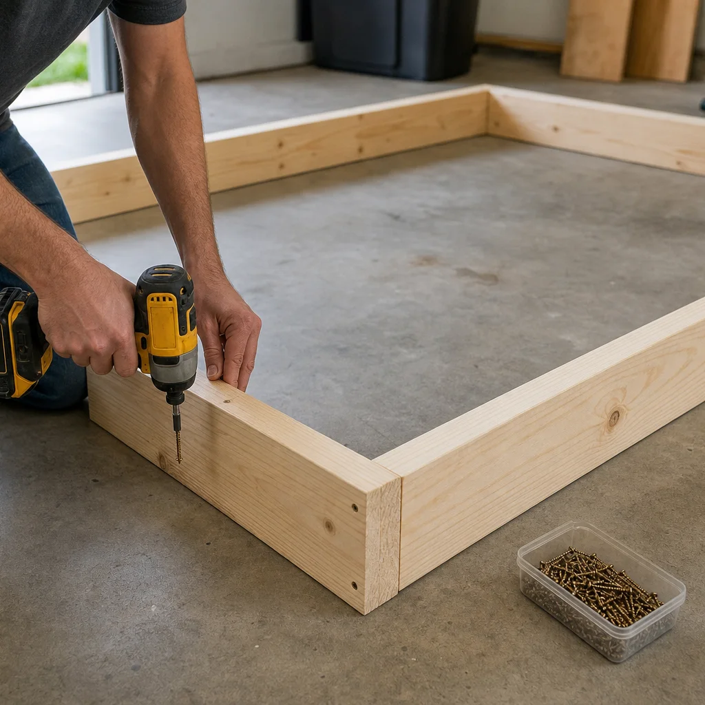 Assembling a wooden platform bed frame with power drill and wood screws on a garage floor