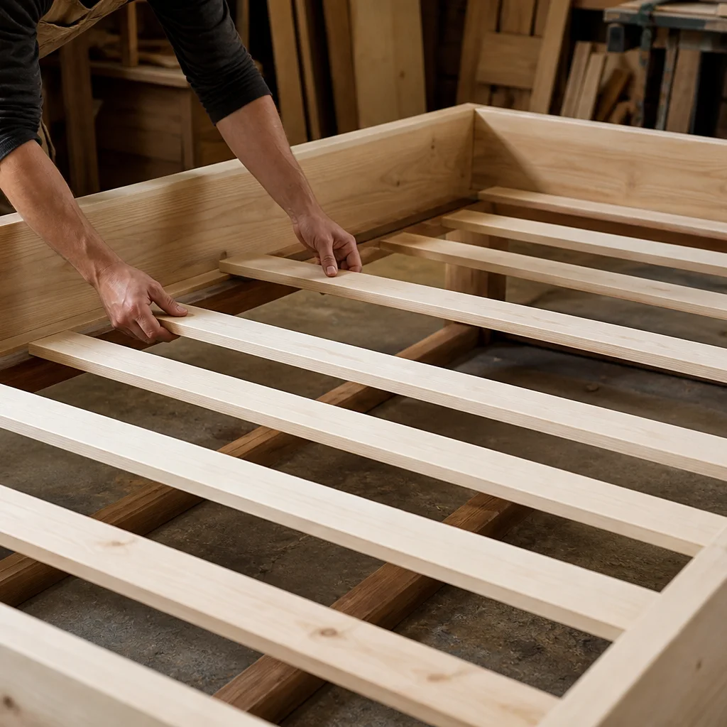 Installing evenly spaced wooden mattress slats on a DIY platform bed frame