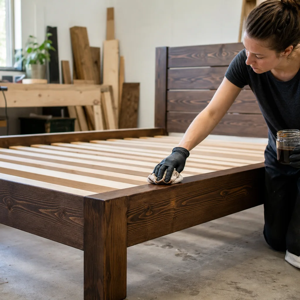 Sanding and staining a DIY platform bed frame in a well-lit workshop