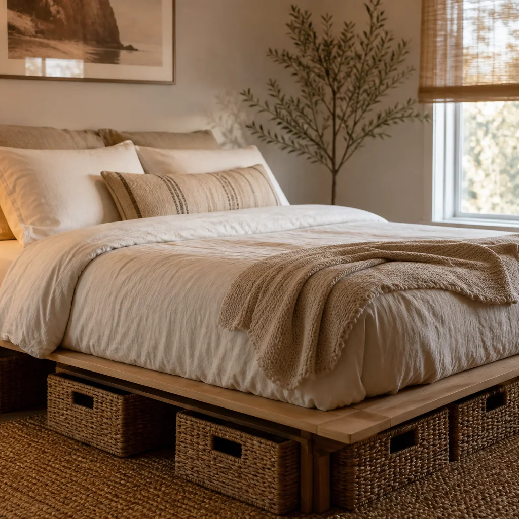 Styled DIY platform bed with neutral linen bedding woven basket storage underneath and bedside lamp