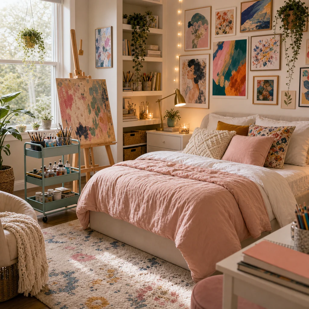 creative teen girls bedroom with art supplies and easel corner