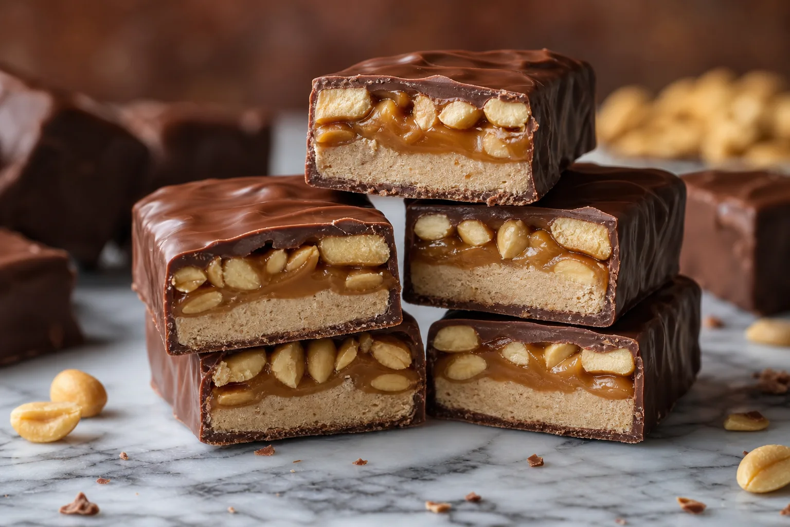 Stack of homemade Snickers bars showing chocolate caramel peanut and nougat layers on a marble counter