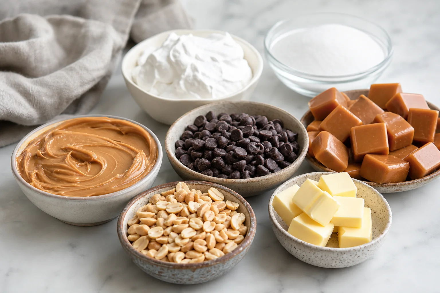 Homemade Snickers bars ingredients including chocolate chips peanut butter peanuts caramels marshmallow fluff and sugar on a kitchen counter