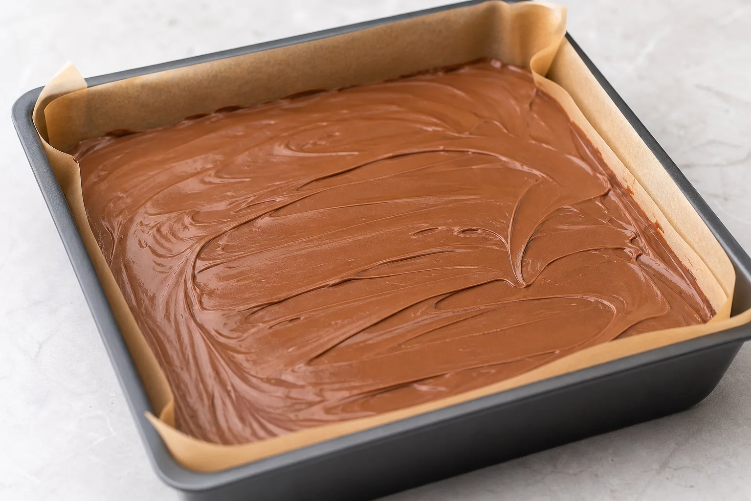 Melted milk chocolate and peanut butter spread in an 8x8 parchment-lined pan for homemade Snickers bars