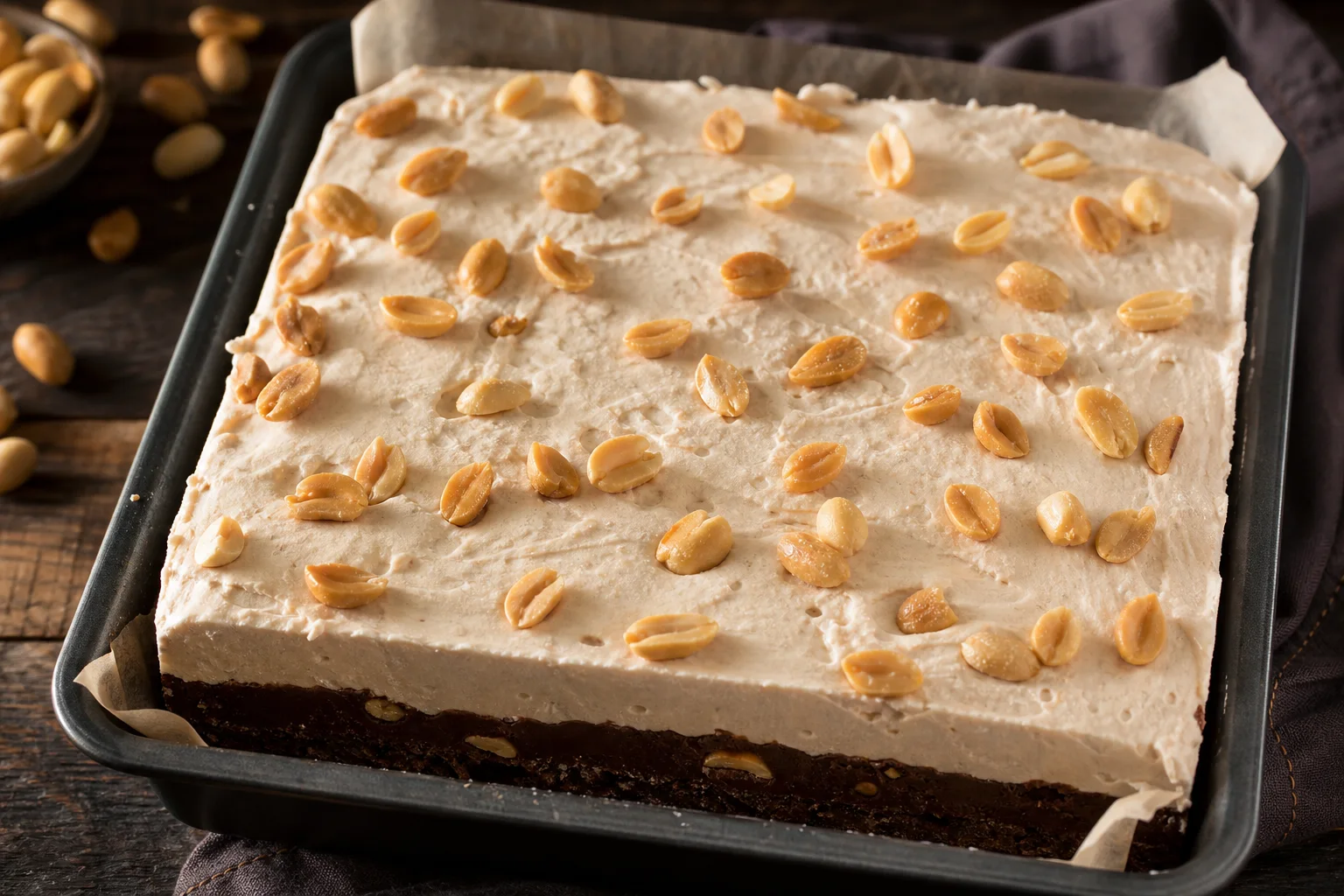 Fluffy nougat layer spread over chocolate base with salted peanuts on top in a square baking pan