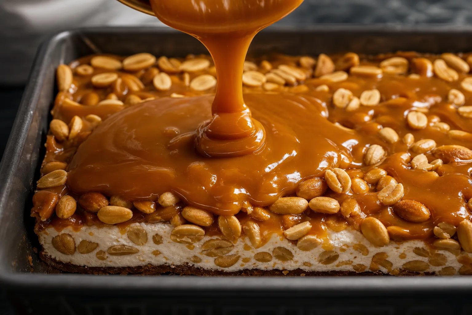 Warm caramel being poured over nougat and peanut layer for homemade Snickers bars