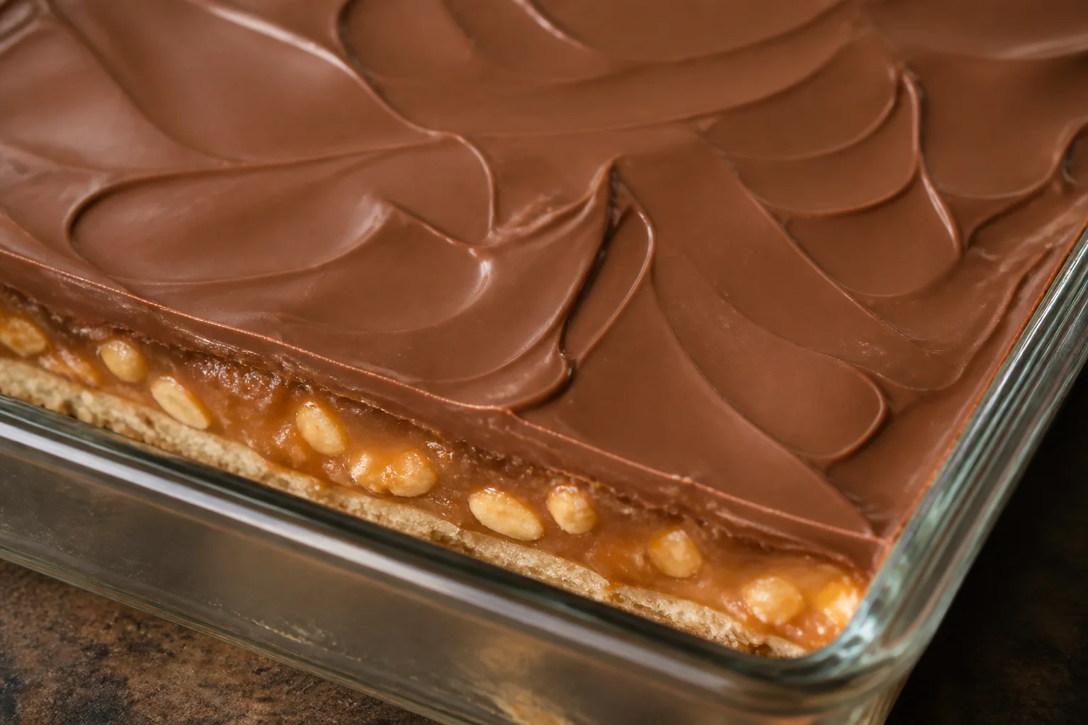 Final milk chocolate layer spread over caramel on homemade Snickers bars in a square pan